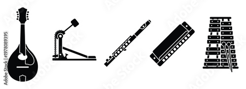 Musical instrument icons featuring string, percussion, wind, and harmonica designs ideal for music education, instrument shops, or sound production applications