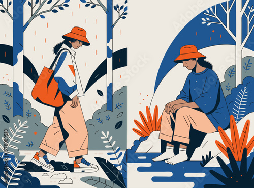 Flat vector illustration of a woman walking and sitting in nature, lonely girl in a forest landscape, melancholic female character in blue and orange