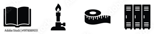 Educational and scientific icons featuring an open book, Bunsen burner, measuring tape, and school lockers, perfect for academic resources, school advertisements, and learningrelated visual