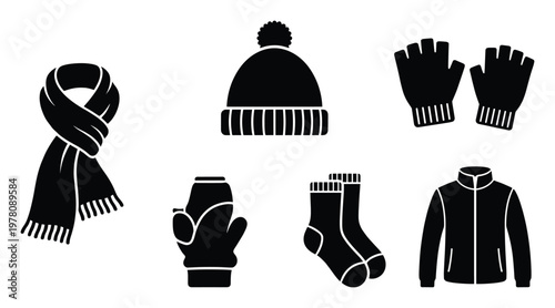 Warm winter clothing and accessories silhouette set depicting scarf beanie fingerless gloves mittens socks and jacket suitable for illustrating cold weather themes and apparel