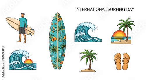 A collection of International Surfing Day illustrations featuring a surfer surfboard waves palms and sandals
