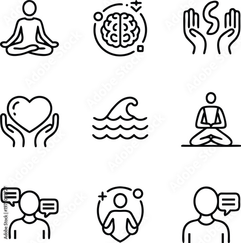 Mental health wellness and meditation icons set featuring yoga poses, brain psychology, heart care, ocean waves and communication symbols cad drawing flat vector illustration