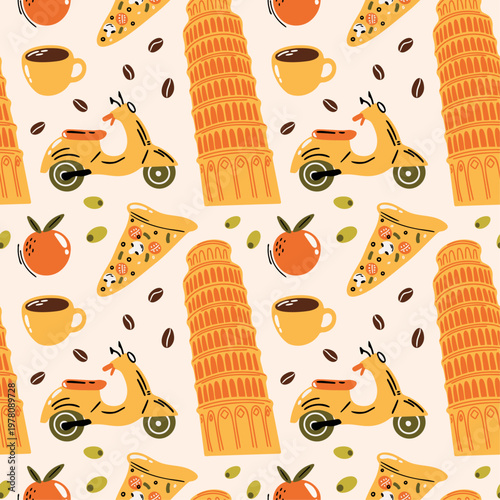 Italian Summer vector seamless pattern with illustration of pizza, coffee, retro scooter and tower Pisa in playful cartoon funky groovy doodle style for travel or food blog 