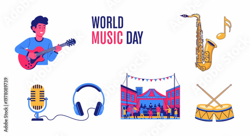A collection of musical illustrations including a guitarist saxophone microphone headphones concert and drums