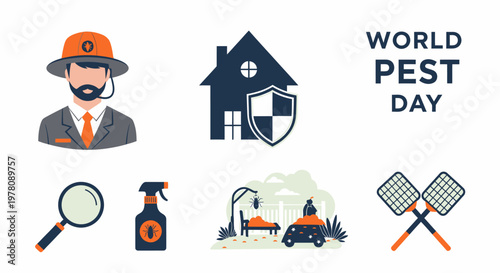 A collection of World Pest Day icons featuring a professional a shielded house a magnifying glass and tools