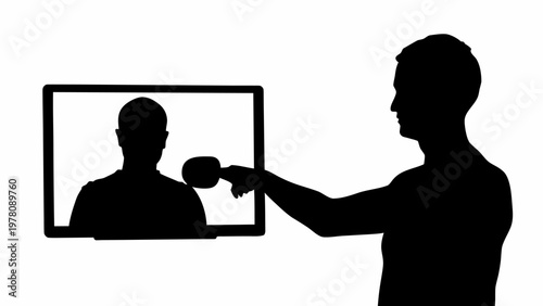 Black silhouette of fitness trainer guiding client through video screen with microphone