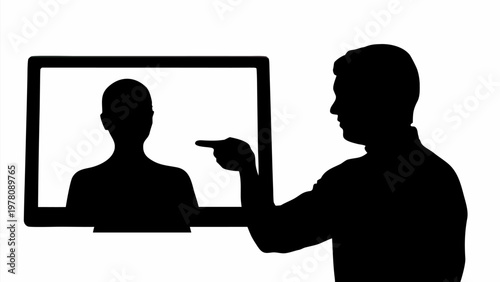 Black silhouette vector of trainer guiding client through digital screen interface