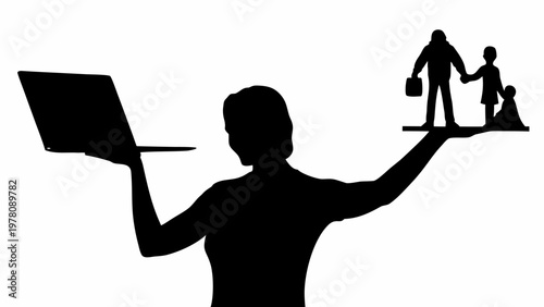 Silhouette of a woman balancing work and family life with laptop and children
