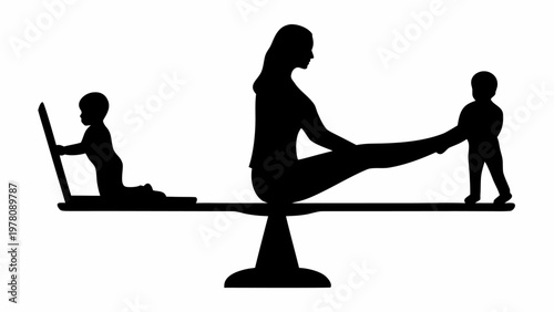 Woman balancing work and family life with children on seesaw