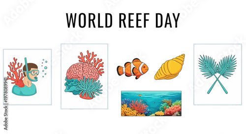 A digital illustration titled World Reef Day featuring diverse reef elements a snorkeler and marine life