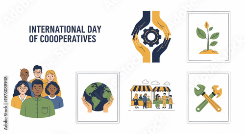 A graphic for International Day of Cooperatives features diverse people icons of hands with a gear a globe stalls and tools