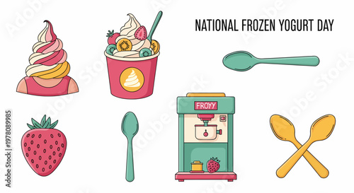 An assortment of frozen yogurt themed illustrations including a character fruit spoons and a dispensing machine