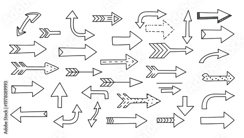 Handdrawn doodle arrows providing a diverse collection of directional symbols and pointers for various graphic design projects and instructional materials