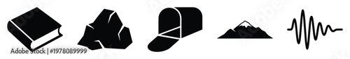 Monochromatic black silhouette symbols including a book, rock formation, sports cap, majestic mountain, and oscillating sound wave ideal for educational, outdoor, music, or general design