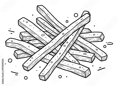 Monochromatic handdrawn line drawing featuring a casual pile of delicious churros or french fries, perfect for culinary branding, cookbook designs, or rustic snack packaging.