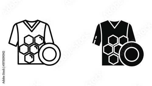 Contrasting designs of a v-neck shirt with honeycomb and circular patterns in black and white