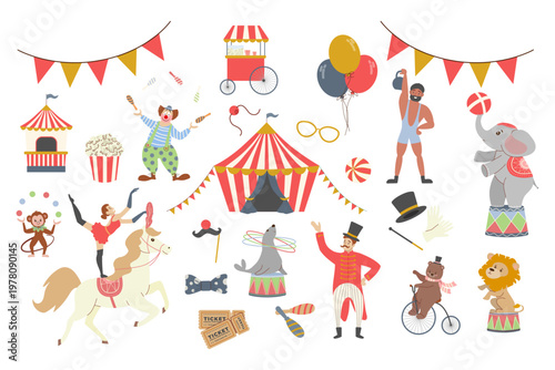 Professional circus performers and trained animals set. Vector illustration featuring clown, ringmaster, strongman, aerialist, lion, and elephant. Complete circus show cast isolated on white.