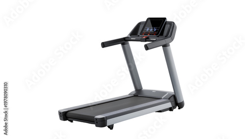 Foto Modern gray treadmill with digital display and handrails