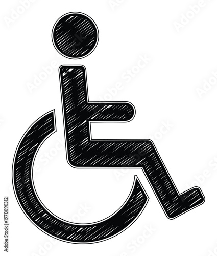 International accessibility symbol for wheelchair users featuring a handdrawn scratched effect suitable for various signage and informational graphic applications
