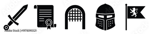 Collection of black medieval themed icons including sword scroll portcullis knight helmet and flag with lion symbol perfect for historical game design or fantasy graphic elements
