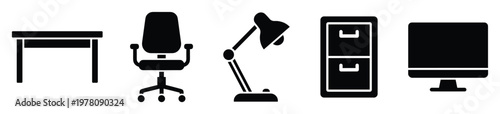 Modern office furniture and equipment icons featuring a desk, ergonomic chair, adjustable lamp, filing cabinet, and computer monitor for business presentations, web applications, or