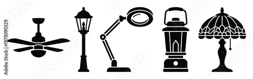 Collection of illumination products including a ceiling fan, street lamp, magnifying desk lamp, portable lantern, and decorative table lamp, ideal for architecture, interior design, and