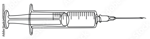 Essential medical syringe instrument outline drawing for administering injections and vaccinations, widely used in healthcare educational materials and public health awareness campaigns.