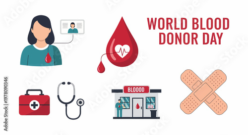 Flatstyle vector graphic for World Blood Donor Day featuring a person blood drop medical icons and a donor center