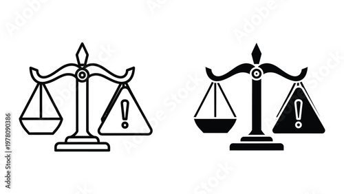 Balanced and imbalanced scales of justice with exclamation marks