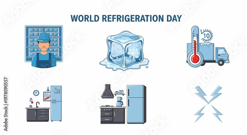 Graphic icons illustrating refrigeration themes including a technician ice cube thermometer trucks appliances and bolts