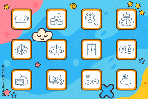 Financial technology set icon. Banknotes, coin stacks, magnifier, crown currency, globe exchange, balance scale, smartphone payment, yen, bitcoin, money bag, computer shield, transfer signal