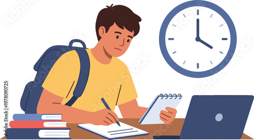 A student studies at a desk with books, laptop, and clock.