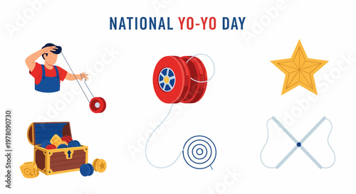 Graphic illustration for National YoYo Day featuring a person playing with a yoyo a treasure chest icons and shapes