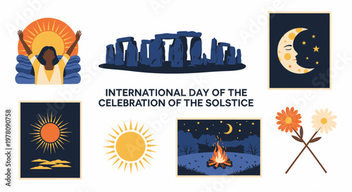 Graphic illustrations for International Day of the Celebration of the Solstice featuring sun moon and Stonehenge