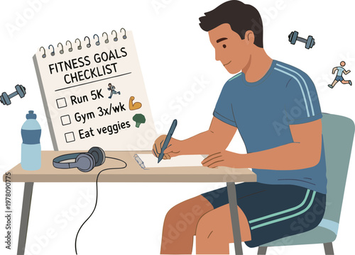 A man sits at a desk writing on a checklist with fitness goals including running and gym sessions.