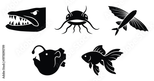 Diverse fish silhouettes including pike, catfish, flying fish, anglerfish, and goldfish for aquatic themes, marine biology education, or wildlife projects