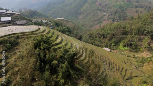 Layers of Vietnam hillside terraced into pattern water filled colourful brown rice paddies, prior to growing season. Curves from above with hut.