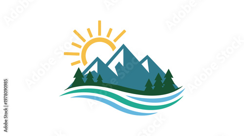 Scenic Mountain Landscape Logo with Sun and Water