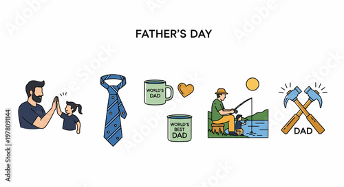 Icons themed for Fathers Day showing a highfive a necktie coffee mugs fishing and crossed hammers