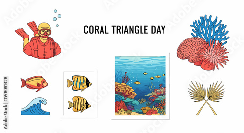 Illustrated elements for Coral Triangle Day featuring a scuba diver reef fish coral types and an underwater scene