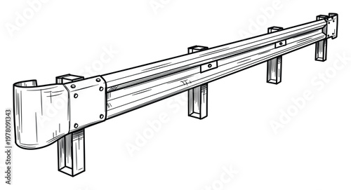 Black and white line drawing of a highway guardrail providing safety infrastructure for road construction projects and traffic management presentations