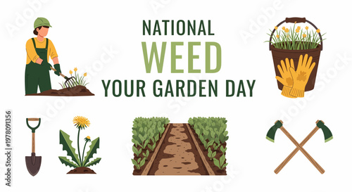 Illustration celebrating National Weed Your Garden Day featuring a gardener tools a dandelion and garden beds
