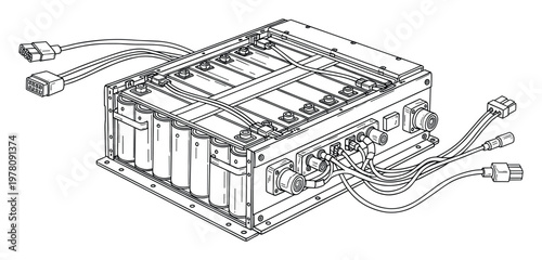 Battery pack showing individual cylindrical cells, internal wiring, and external connectors for electrical power systems and energy storage applications