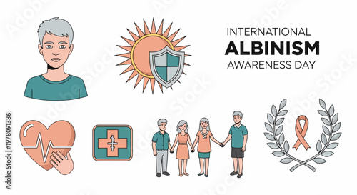 Illustration for International Albinism Awareness Day featuring stylized figures icons of sun protection health and unity