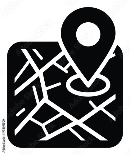 Black map icon with a distinctive location pin indicating a specific geographic point, ideal for digital navigation, travel applications, and informational system interfaces.