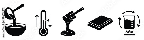 Food preparation process icons showing pouring liquid, temperature control, mixing ingredients, solid block, and heating solution, useful for recipe instructions and culinary guides