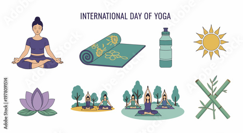 Illustration set themed for International Day of Yoga featuring individuals meditating a mat water bottle and sun