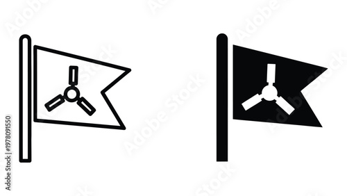 Comparison of a white and black flag with a central symbol resembling a three-pronged tuning fork