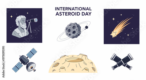 Illustrations of an asteroid with rings a comet a man with a telescope a satellite and a cratered moon surface