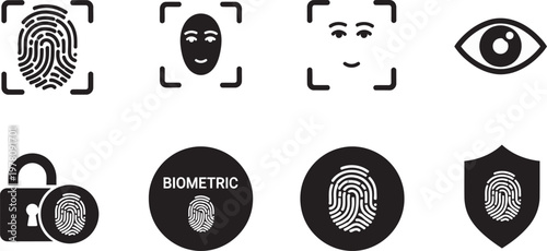 Security icons set fingerprints face recognition locks and biometric data protection visual representation